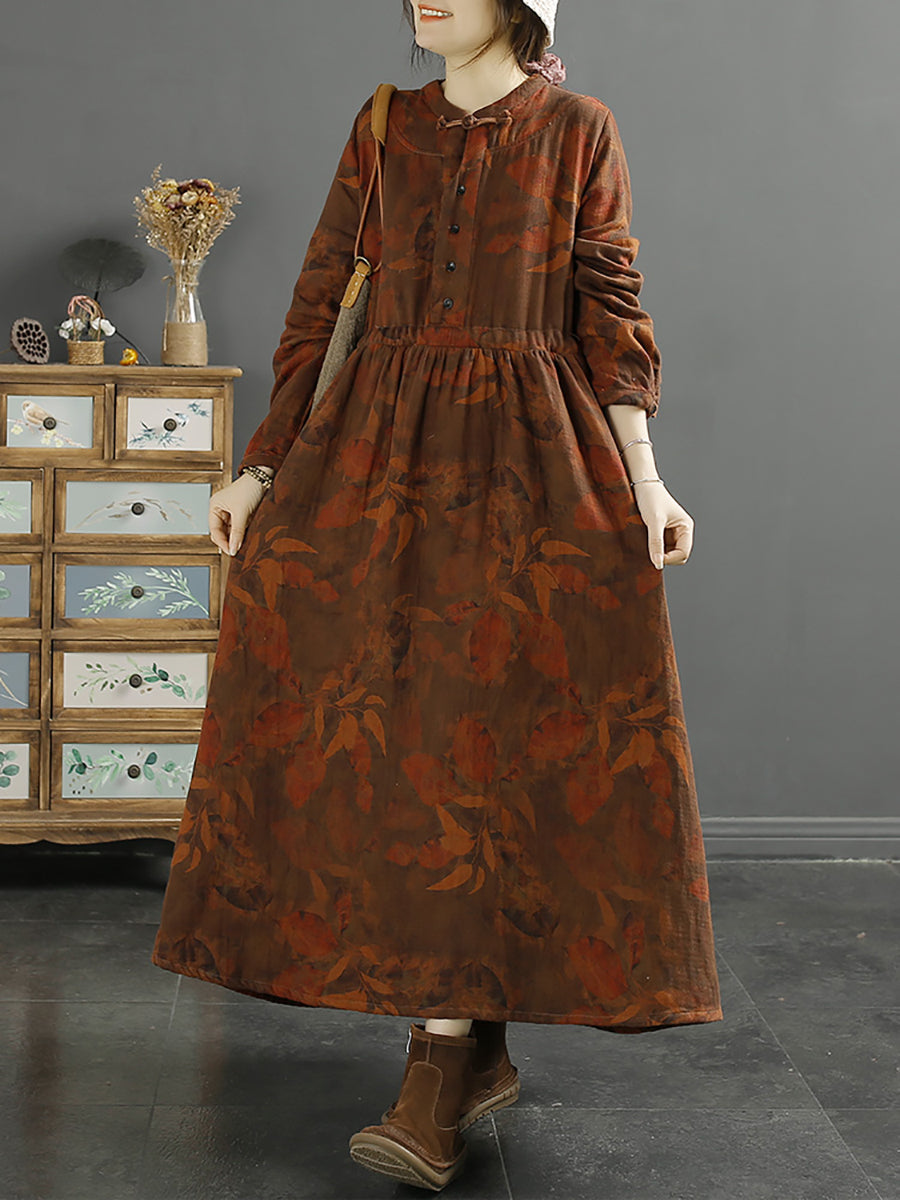 Übergröße Damen Herbst Vintage Blatt Druck Baumwollkleid