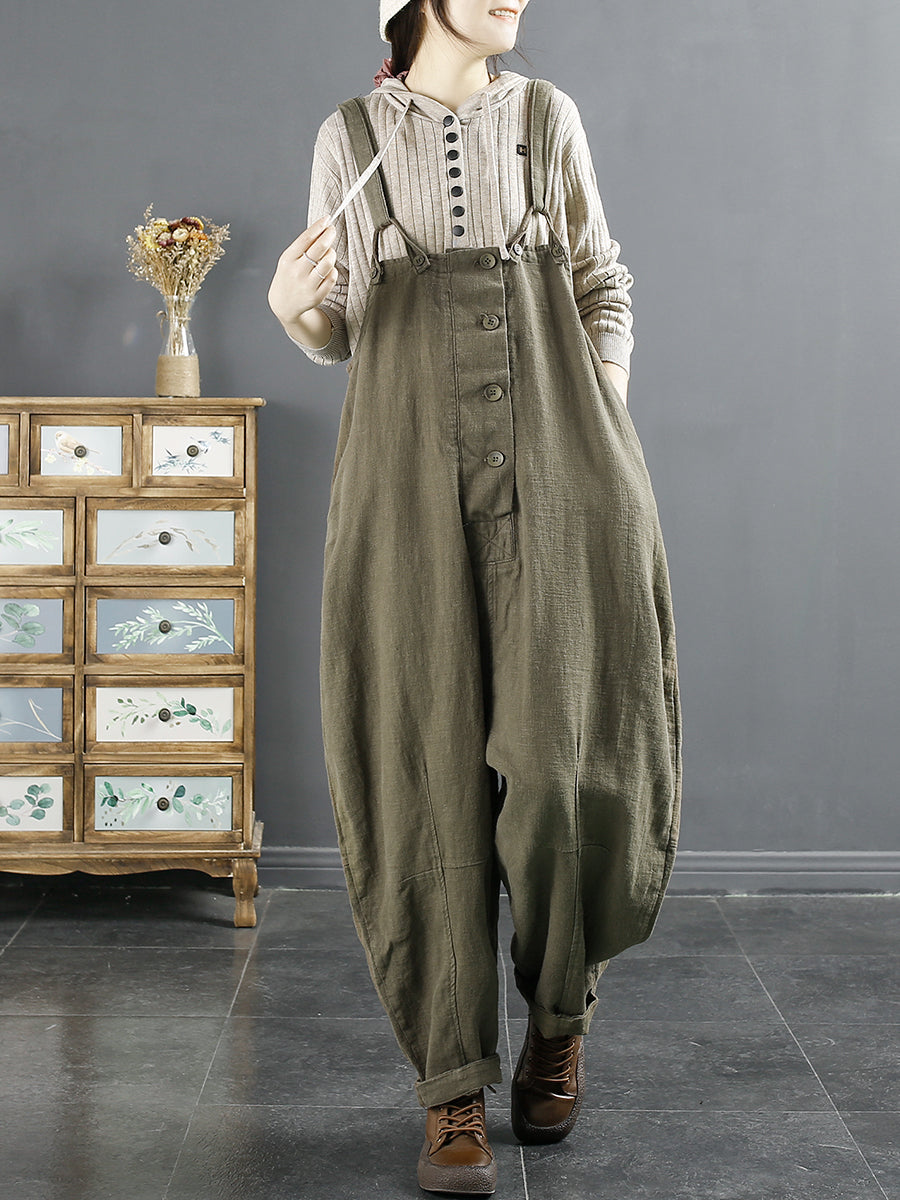 Plus Size Damen Vintage Einfarbiger Lockerer Overall aus Leinen