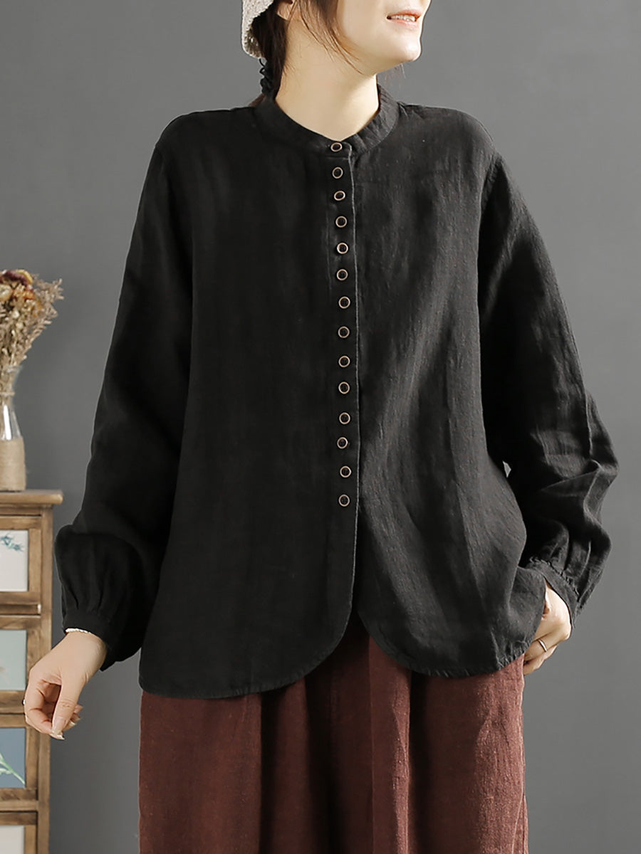 Plus Size Damen Retro Frühlingsknopf O-Ausschnitt Leinenhemd