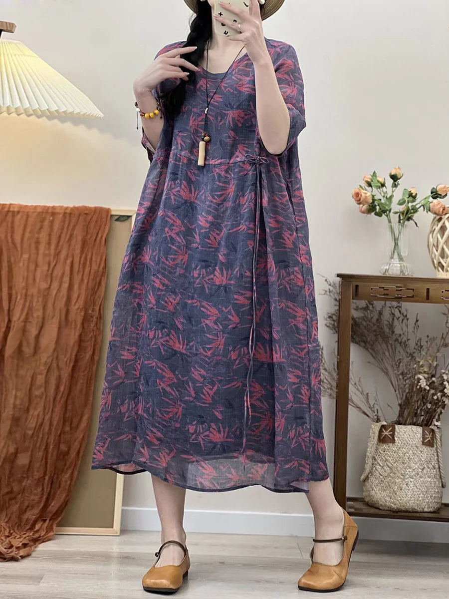 Übergröße Damen Rerto Sommer Print Lockeres Reise Ramie Kleid