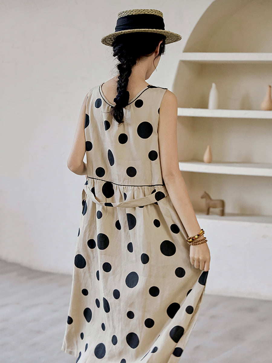 Übergröße Damen Sommer Casual Dot Kordelzug Leinen Weste Kleid