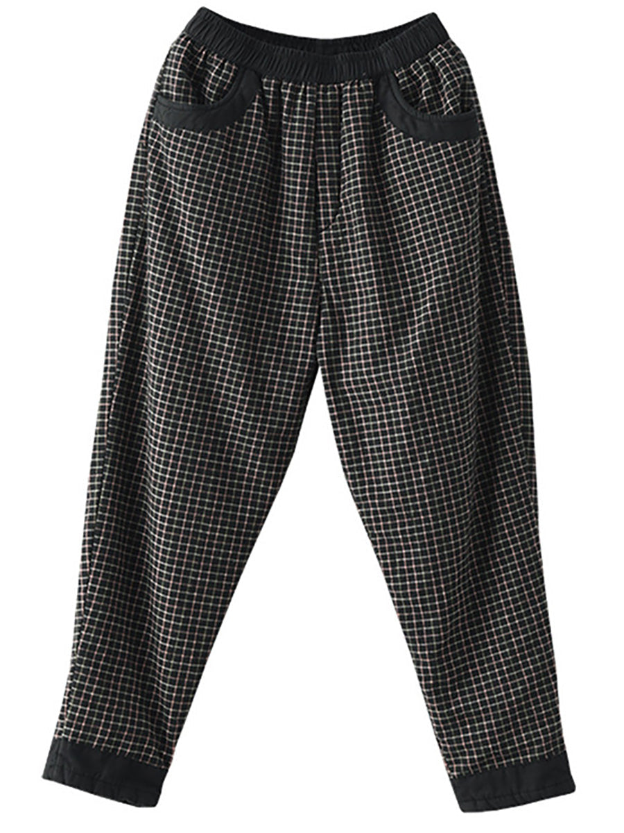 Übergröße Damenhose aus Baumwollleinen mit Karomuster und elastischer Taille