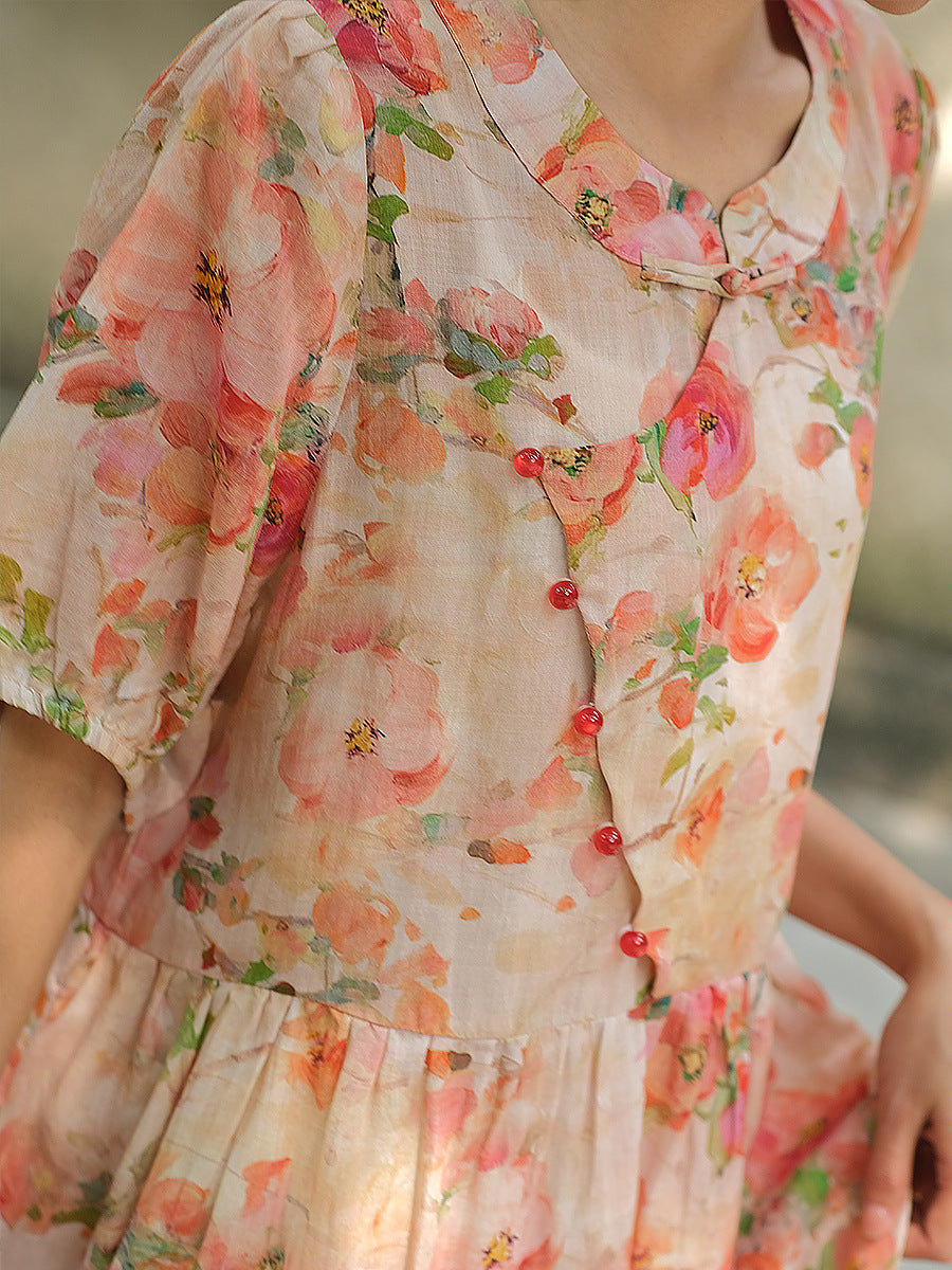 Übergröße Damen Vintage Sommer Blumen Knopf Lockeres Ramie Kleid