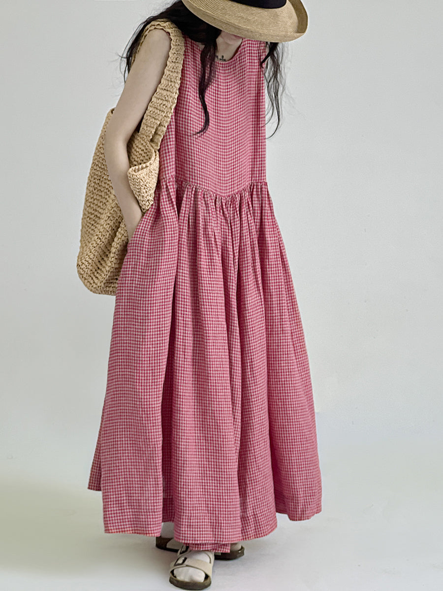 Übergröße Damen Sommer kariertes lockeres Westenkleid