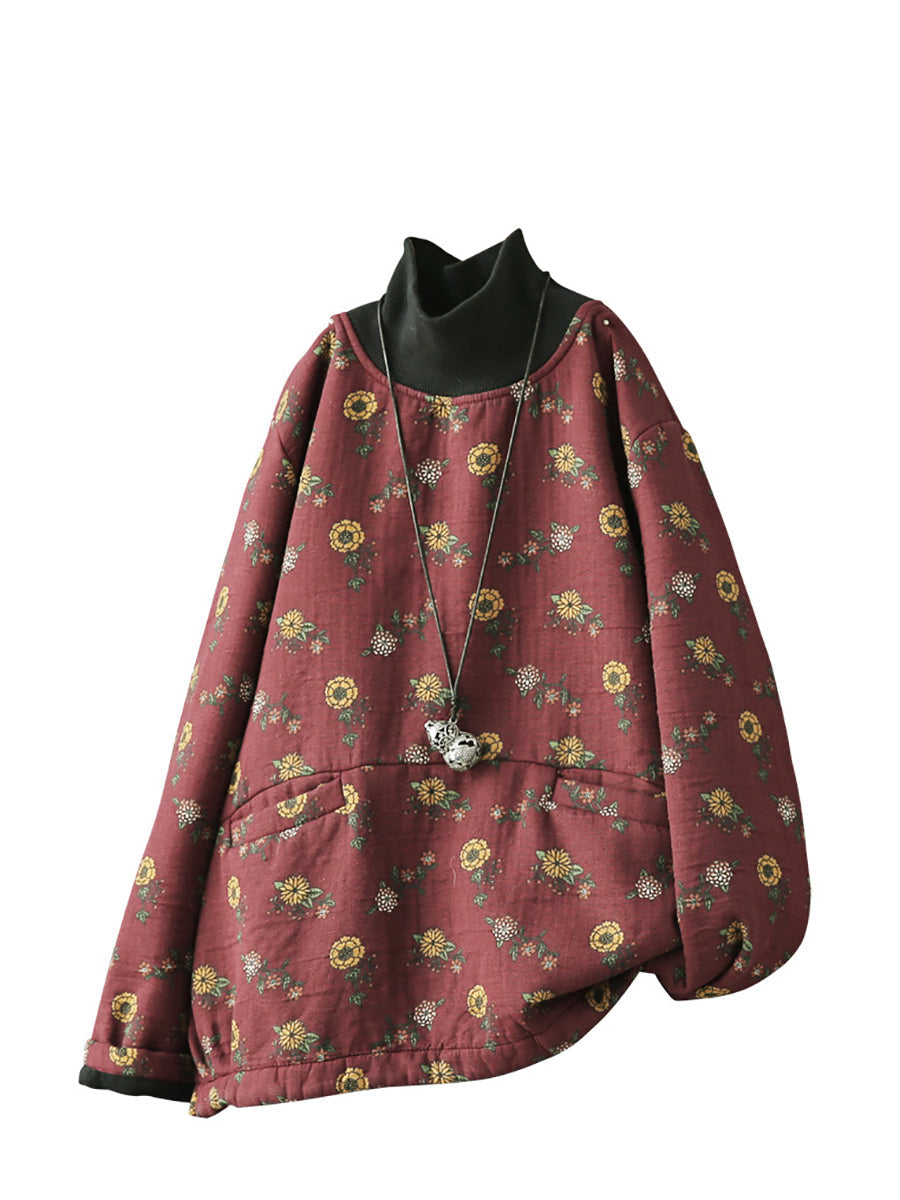 Plus Size Vintage Blumen Halbhoher Kragen Gespleißtes Baumwollhemd