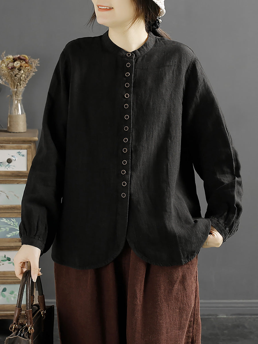 Plus Size Damen Retro Frühlingsknopf O-Ausschnitt Leinenhemd