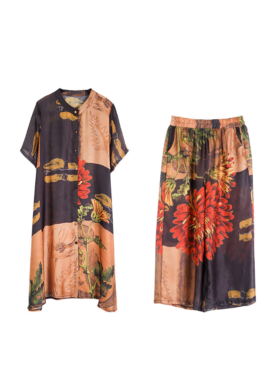 Übergröße Damen Artsy Flower Spliced ​​Langes Hemd + Hose