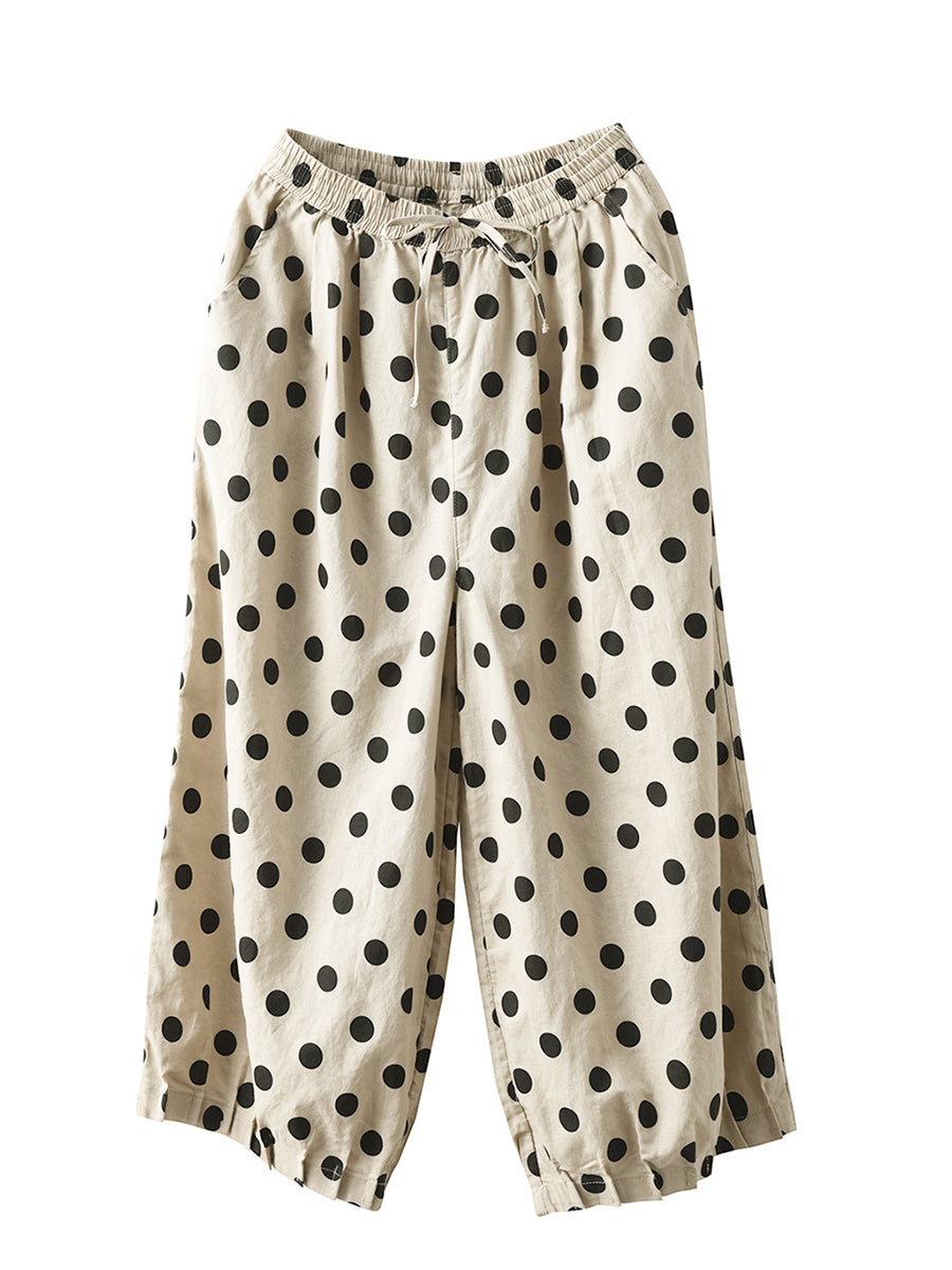 Übergröße Damen Vintage Dot geraffte Hose aus Leinen mit weitem Bein und Kordelzug