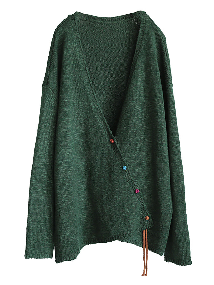 Übergröße - Gestrickter Retro-Pullovermantel mit V-Ausschnitt für Damen in reiner Farbe