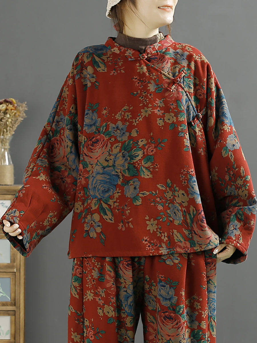 Übergröße Damen Ethno Blumen Lose Schräge Bluse