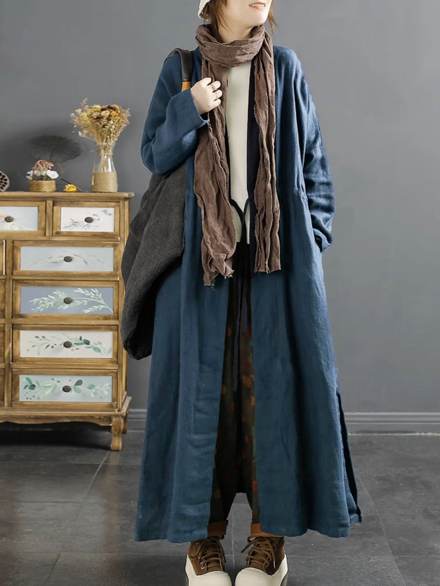 Übergröße Damen Vintage Kordelzug langer Leinenmantel