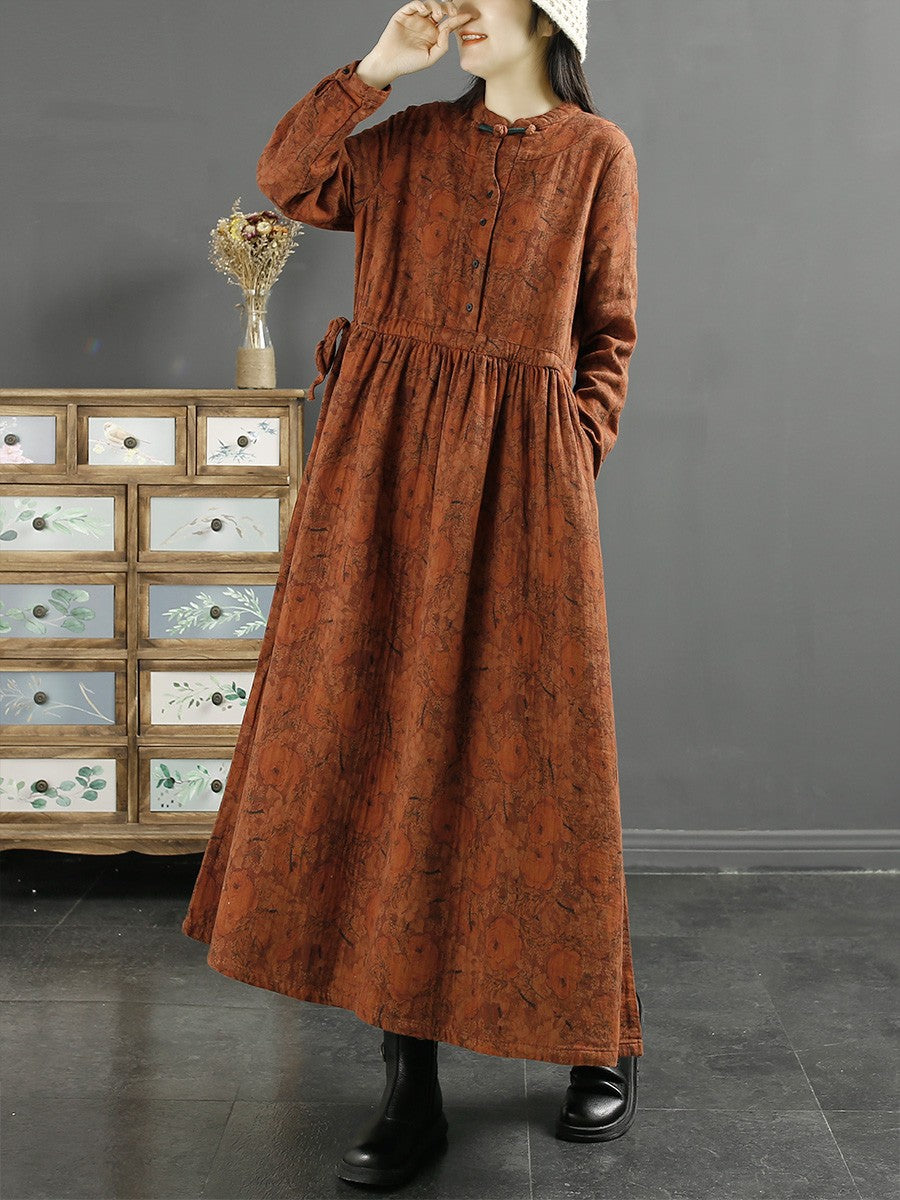 Übergröße Damen Herbst Vintage Blatt Druck Baumwollkleid