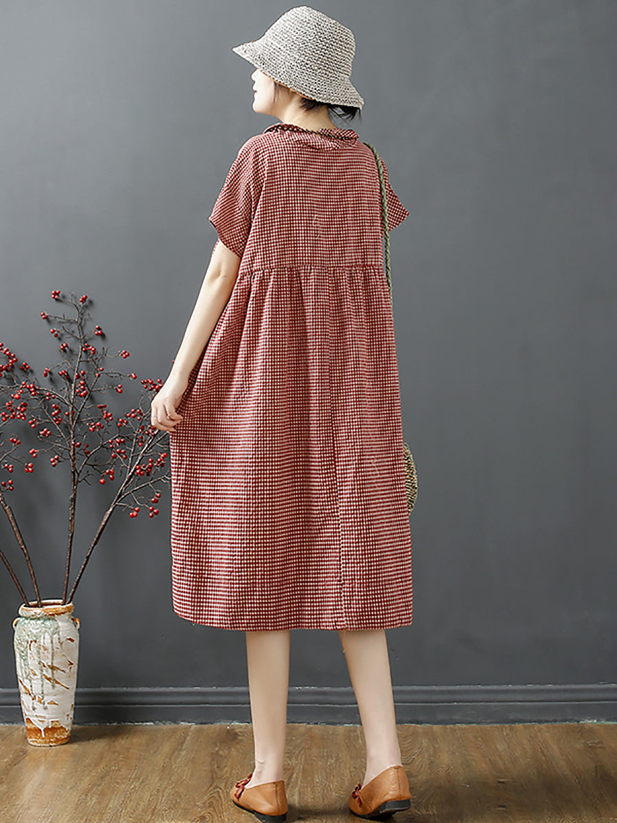 Plus Size Damen Sommer Retro Gitterknopf Polokragen Lockeres Kleid