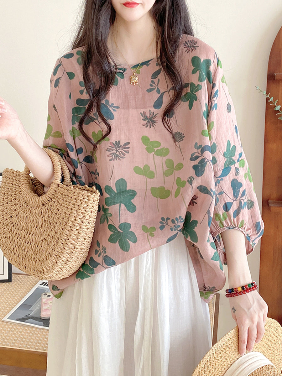 Übergröße Damen Sommer Artsy Flower Lockeres O-Ausschnitt Hemd