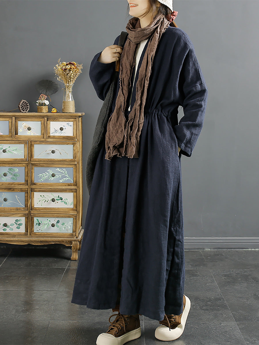 Übergröße Damen Vintage Kordelzug langer Leinenmantel