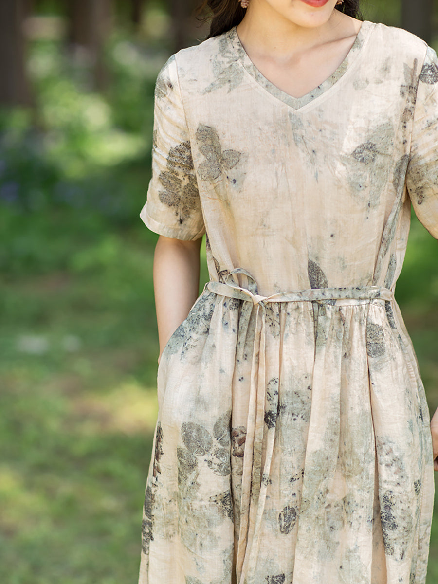 Große Größen Damen Artsy Tintendruck Ramie Kleid mit Kordelzug
