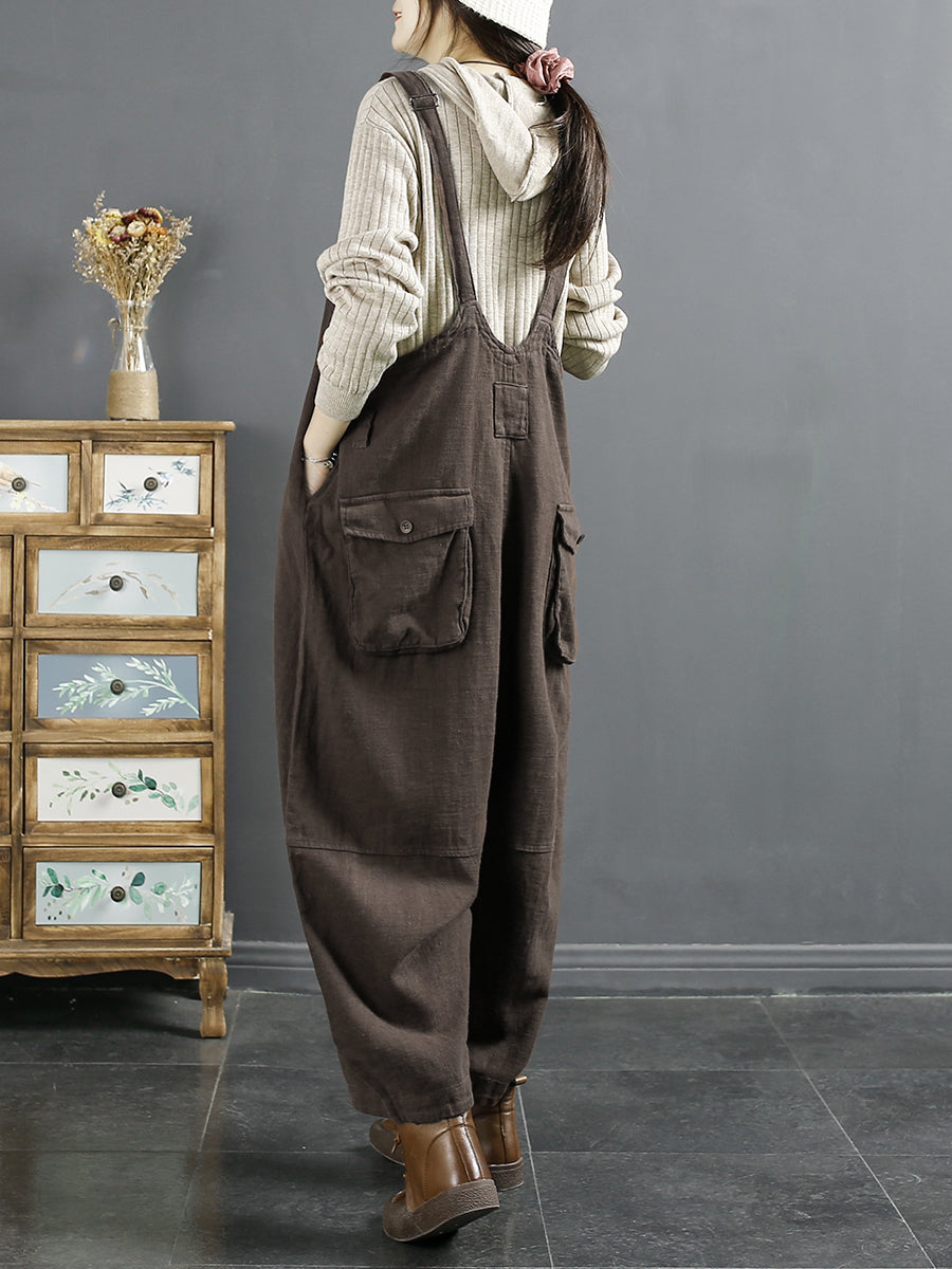 Plus Size Damen Vintage Einfarbiger Lockerer Overall aus Leinen