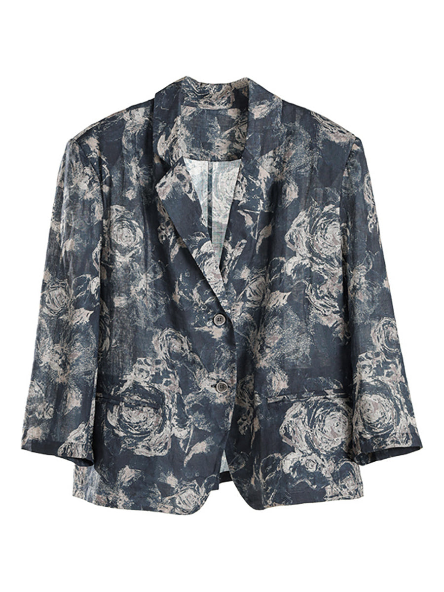 Übergröße Damen Sommer Vintage Print Dünne Ramie Jacke