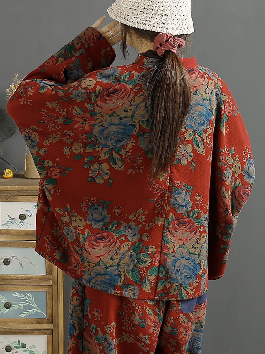 Übergröße Damen Ethno Blumen Lose Schräge Bluse
