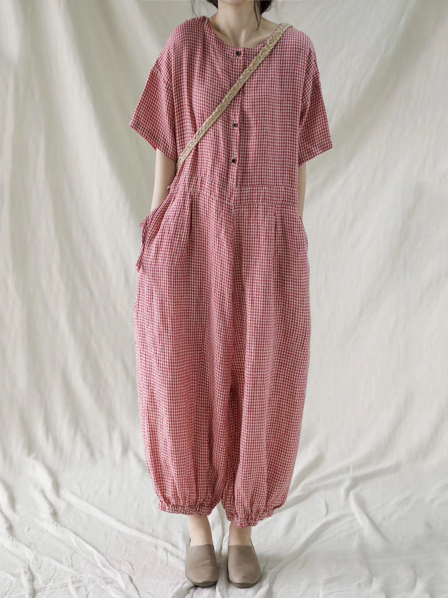 Übergröße Damen karierter Kurzarm-Jumpsuit