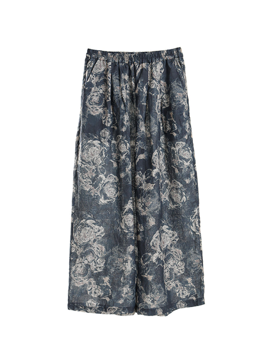 Plus Size Damen Retro Sommer Blumentasche Gerades Bein Ramie Hose