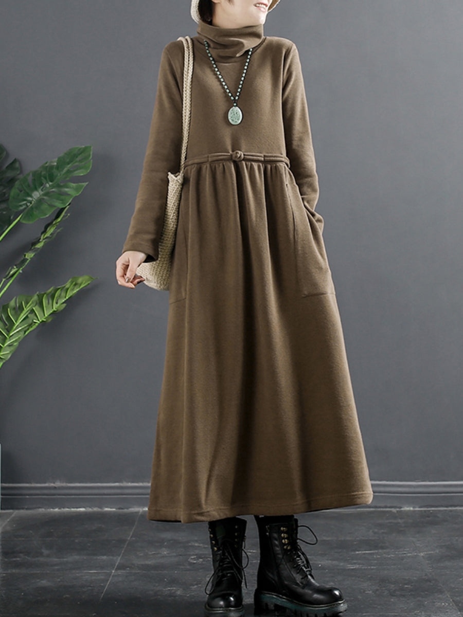 Übergröße Damen Reine Farbe Rollkragen Drapiertes langes Kleid