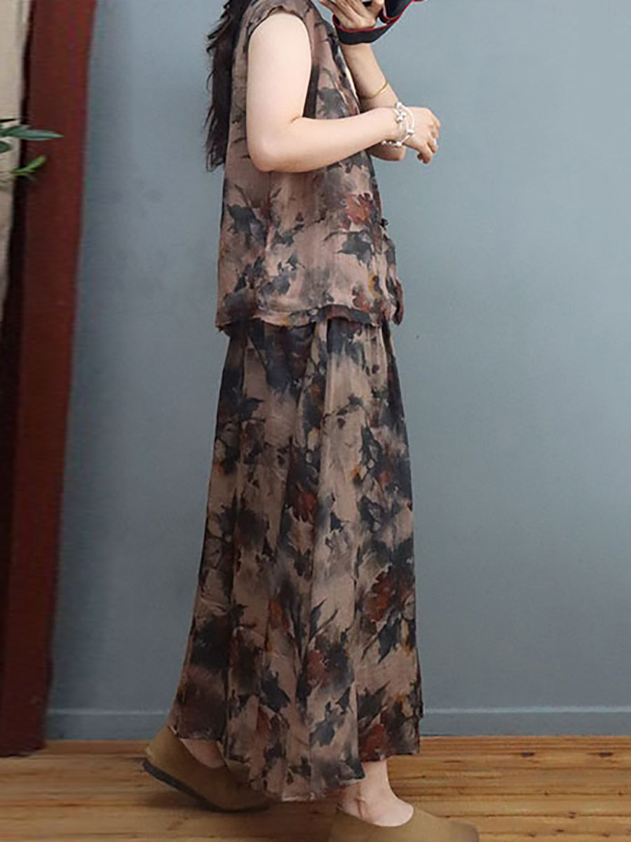 Plus Size Damen Sommer Leinenhemd/-rock im chinesischen Stil mit Tintenblumen-Froschmotiv