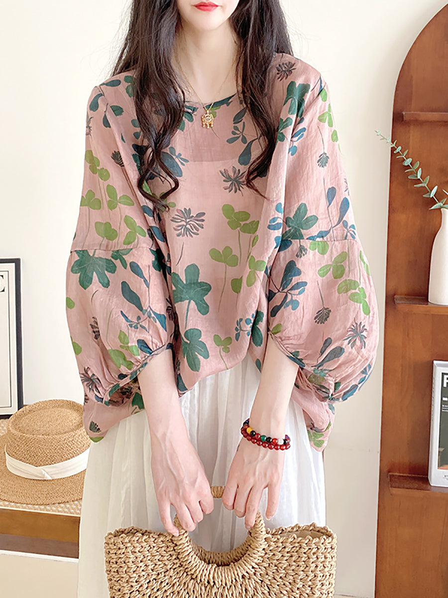 Übergröße Damen Sommer Artsy Flower Lockeres O-Ausschnitt Hemd
