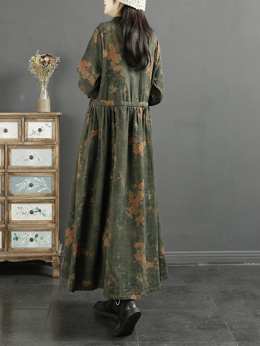 Übergröße Damen Herbst Vintage Blatt Druck Baumwollkleid