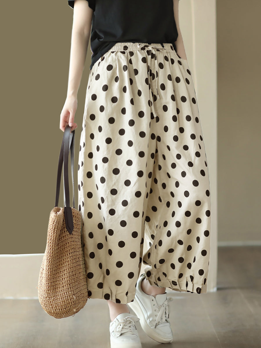 Übergröße Damen Vintage Dot geraffte Hose aus Leinen mit weitem Bein und Kordelzug
