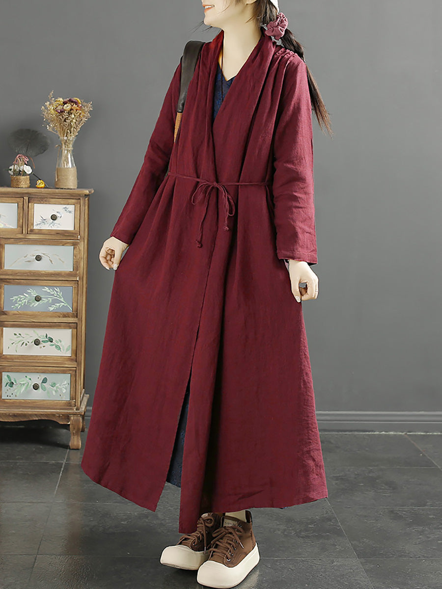 Übergröße Damen Herbst Casual Solid Strap 100% Leinen Mantel