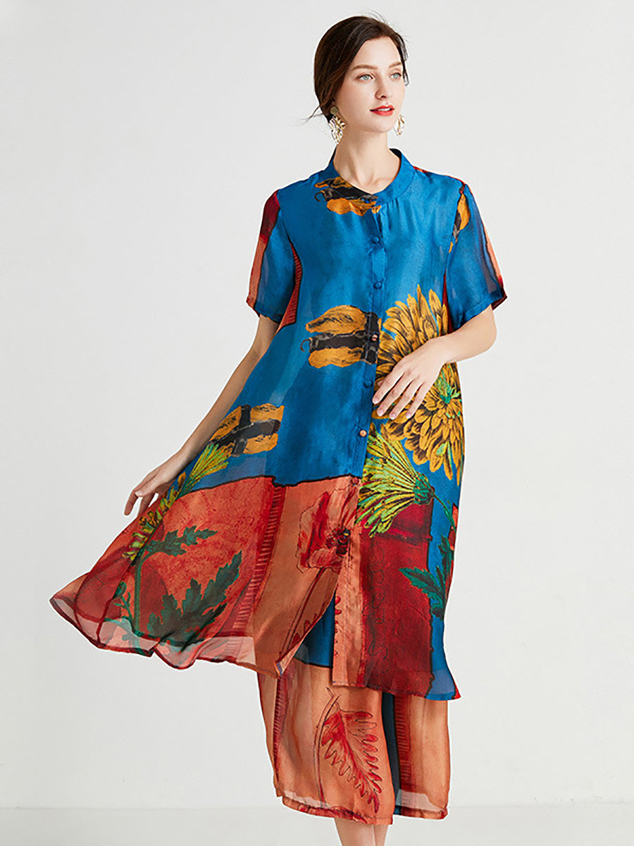 Übergröße Damen Artsy Flower Spliced ​​Langes Hemd + Hose