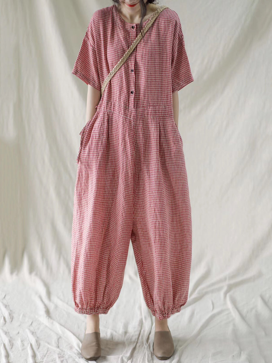 Übergröße Damen karierter Kurzarm-Jumpsuit
