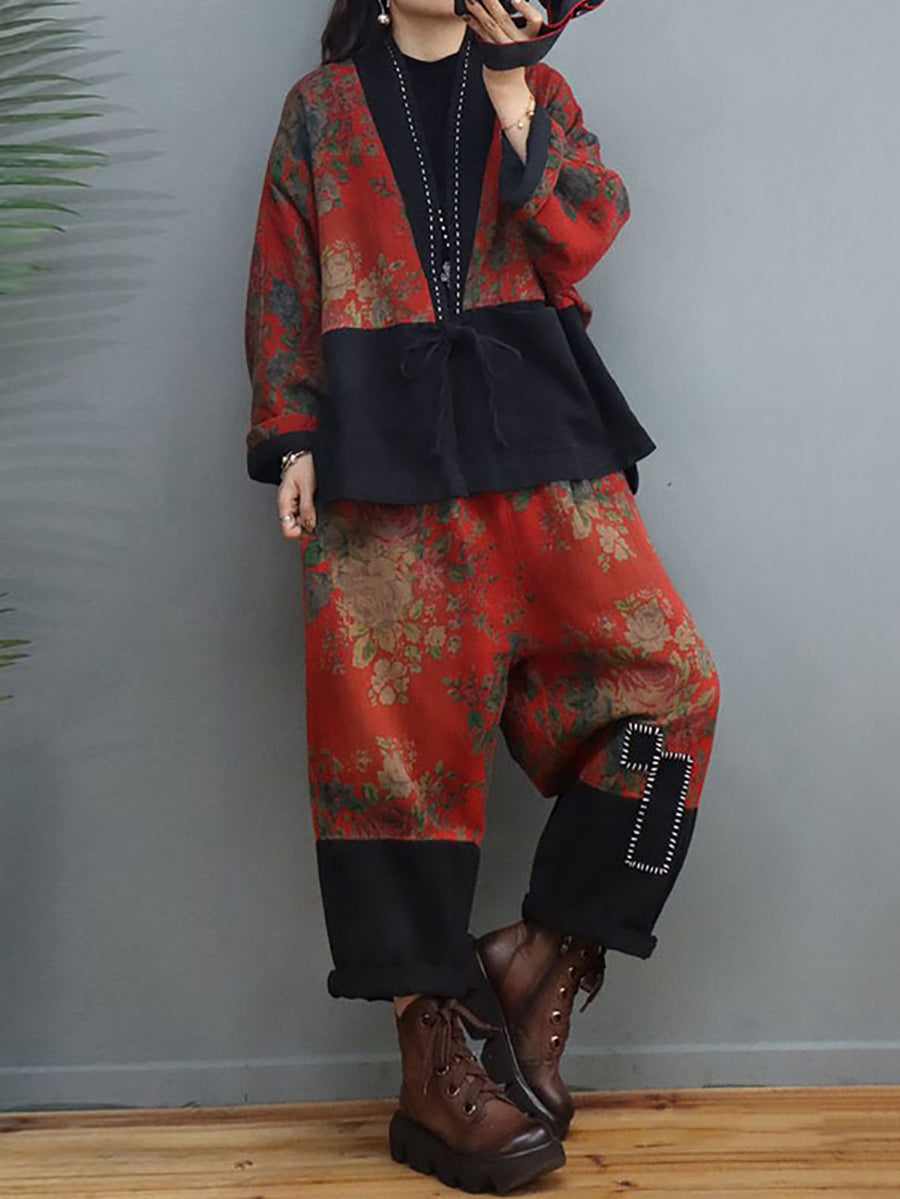 Übergröße Damen Ethnischer Blumen Spliced ​​Stitching Anzug