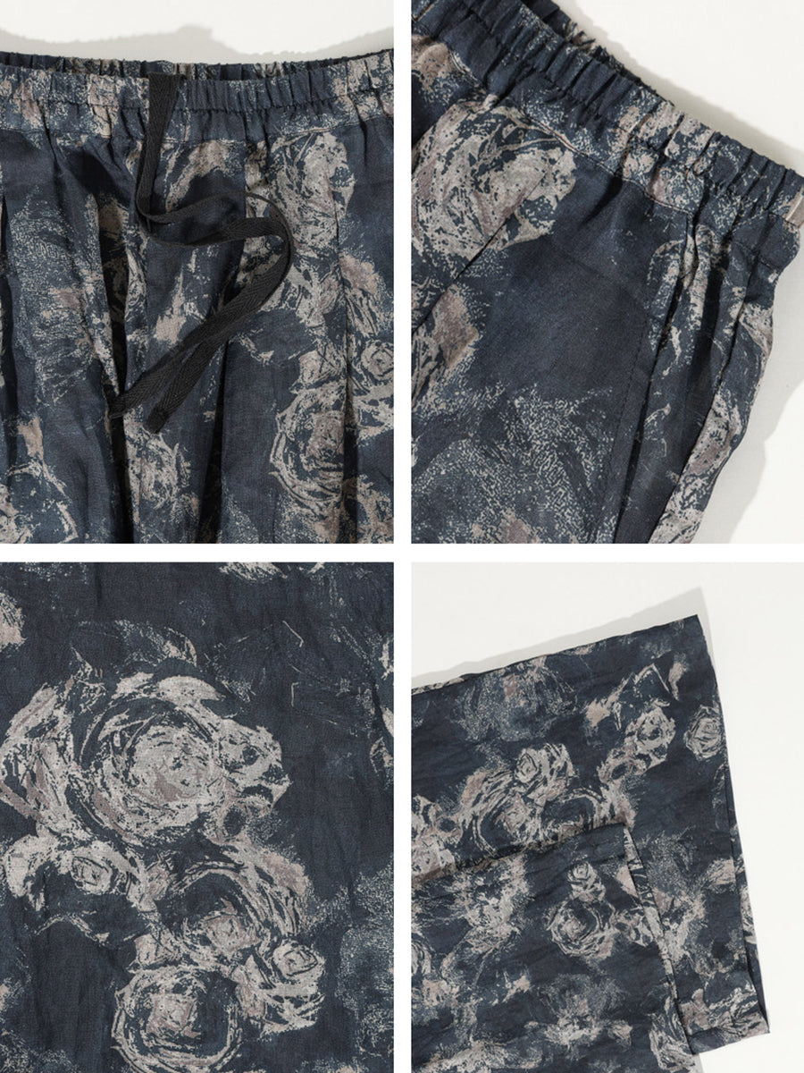Plus Size Damen Retro Sommer Blumentasche Gerades Bein Ramie Hose