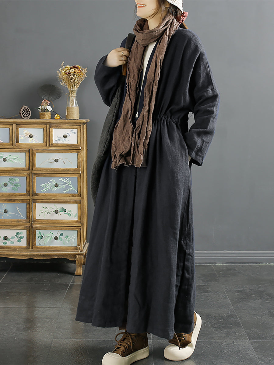 Übergröße Damen Vintage Kordelzug langer Leinenmantel