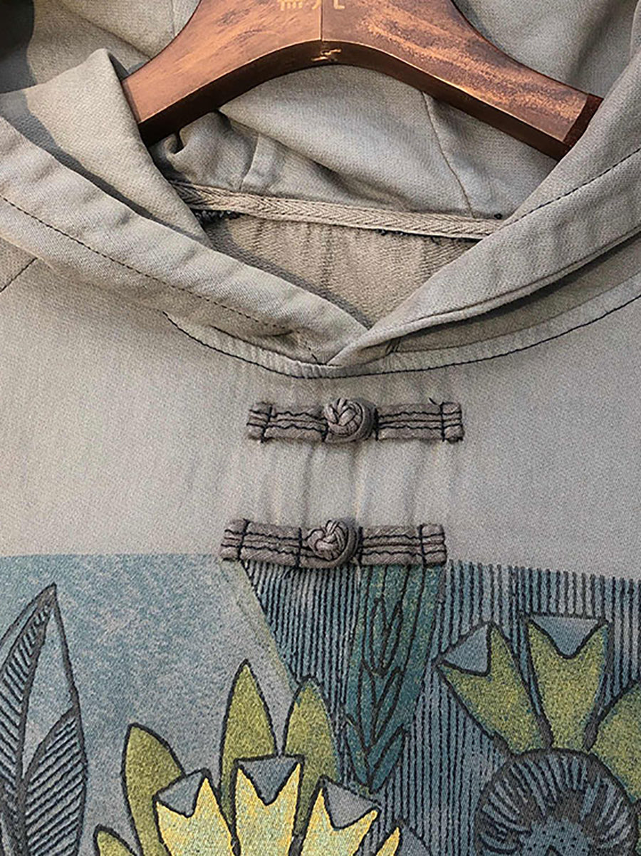 Übergröße Damen Vintage Blumen Kapuzenpullover Lang