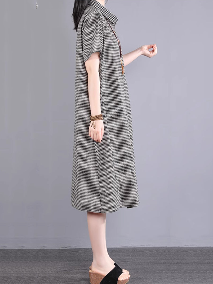 Übergröße Damen Casual Plaid Schrägverschluss Knopf Lockeres Kleid