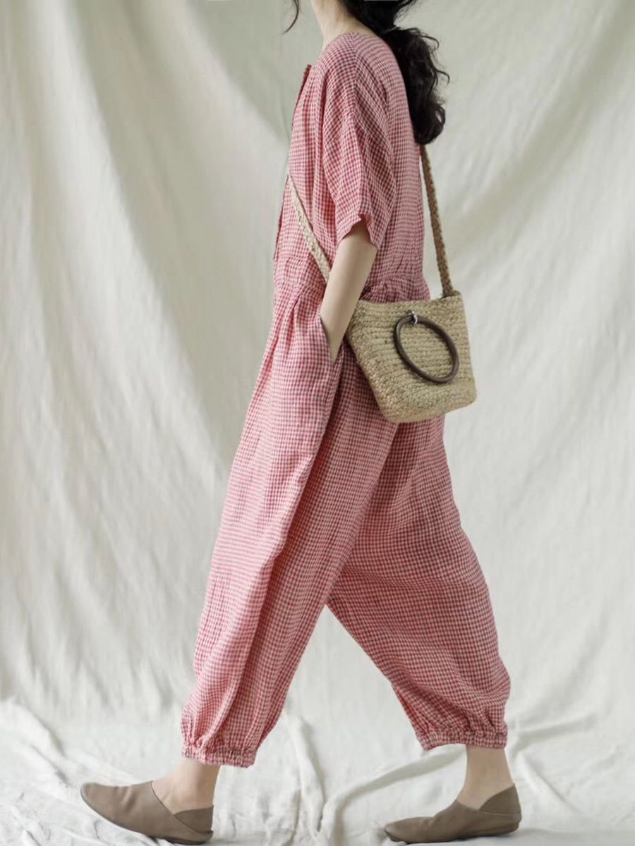 Übergröße Damen karierter Kurzarm-Jumpsuit