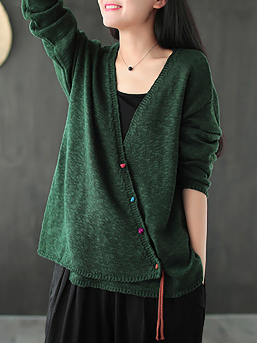Übergröße - Gestrickter Retro-Pullovermantel mit V-Ausschnitt für Damen in reiner Farbe