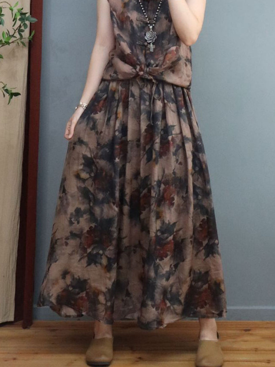 Plus Size Damen Sommer Leinenhemd/-rock im chinesischen Stil mit Tintenblumen-Froschmotiv