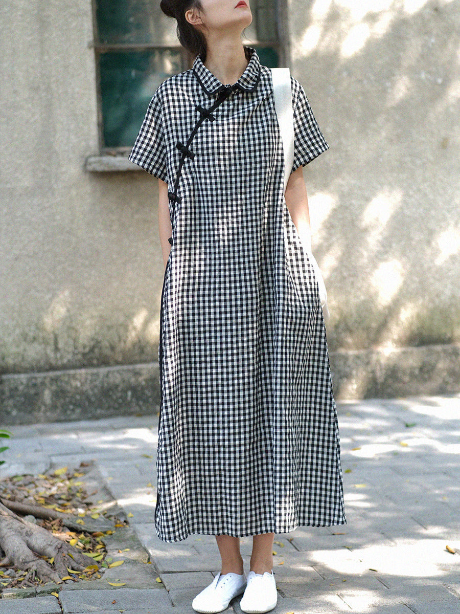 Plus Size Damen Sommer Vintage Plaid Frosch Lockeres Kleid
