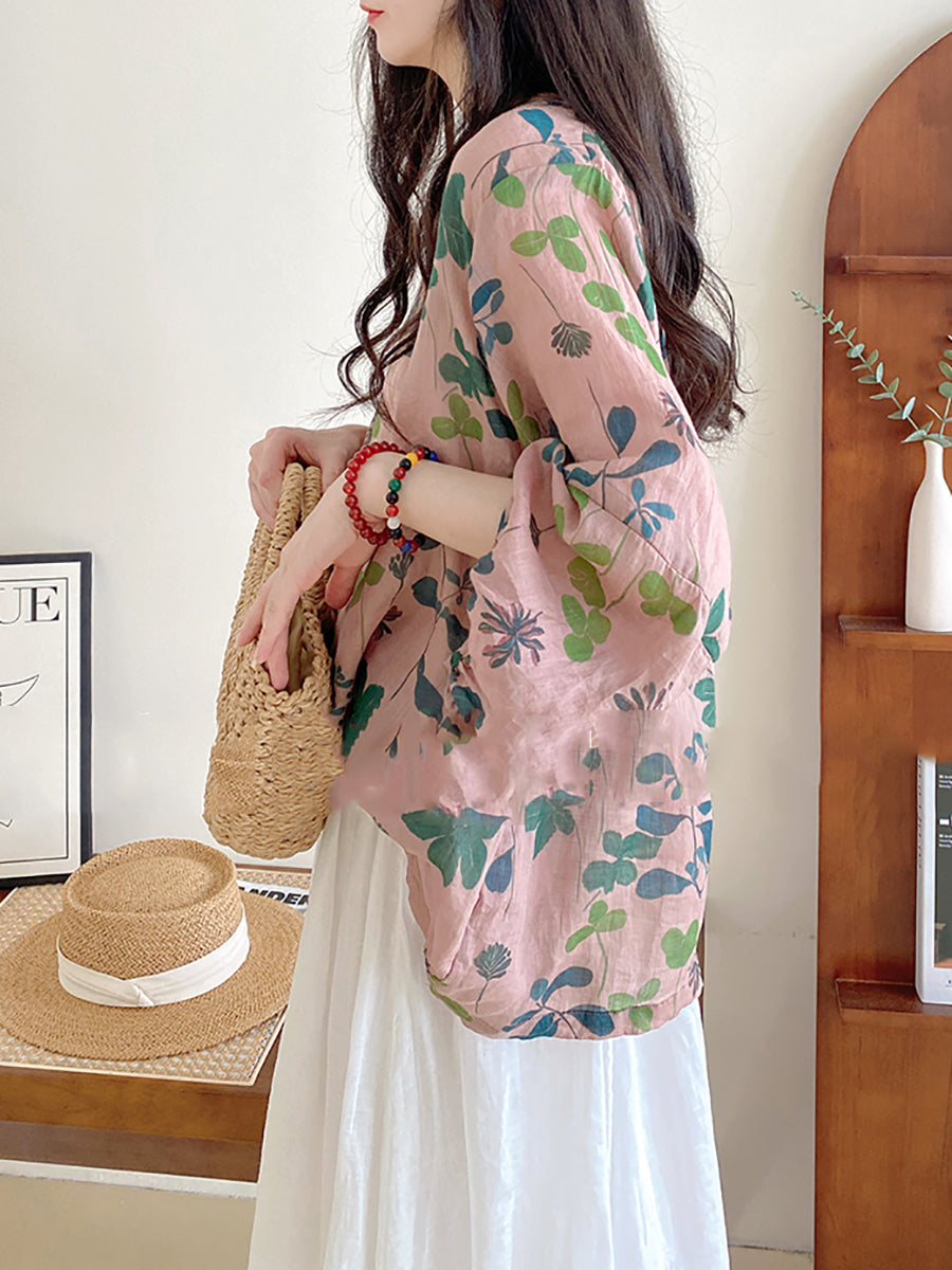 Übergröße Damen Sommer Artsy Flower Lockeres O-Ausschnitt Hemd