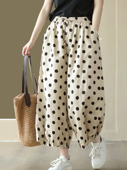 Übergröße Damen Vintage Dot geraffte Hose aus Leinen mit weitem Bein und Kordelzug