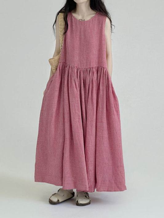 Übergröße Damen Sommer kariertes lockeres Westenkleid