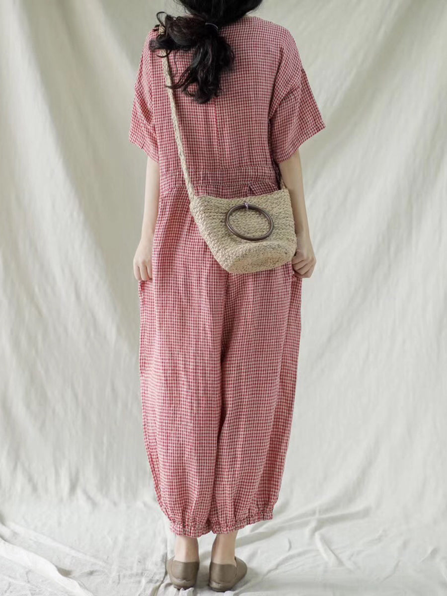 Übergröße Damen karierter Kurzarm-Jumpsuit