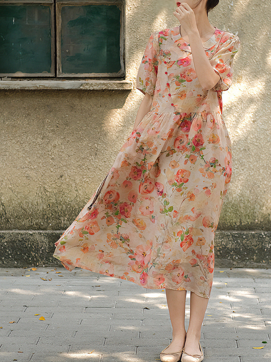 Übergröße Damen Vintage Sommer Blumen Knopf Lockeres Ramie Kleid