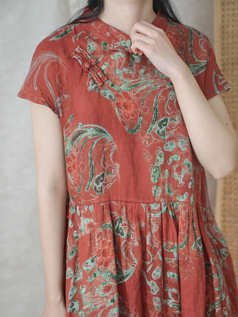 Plus Size Damen Sommerkleid aus Ramie mit ethnischen Blumen