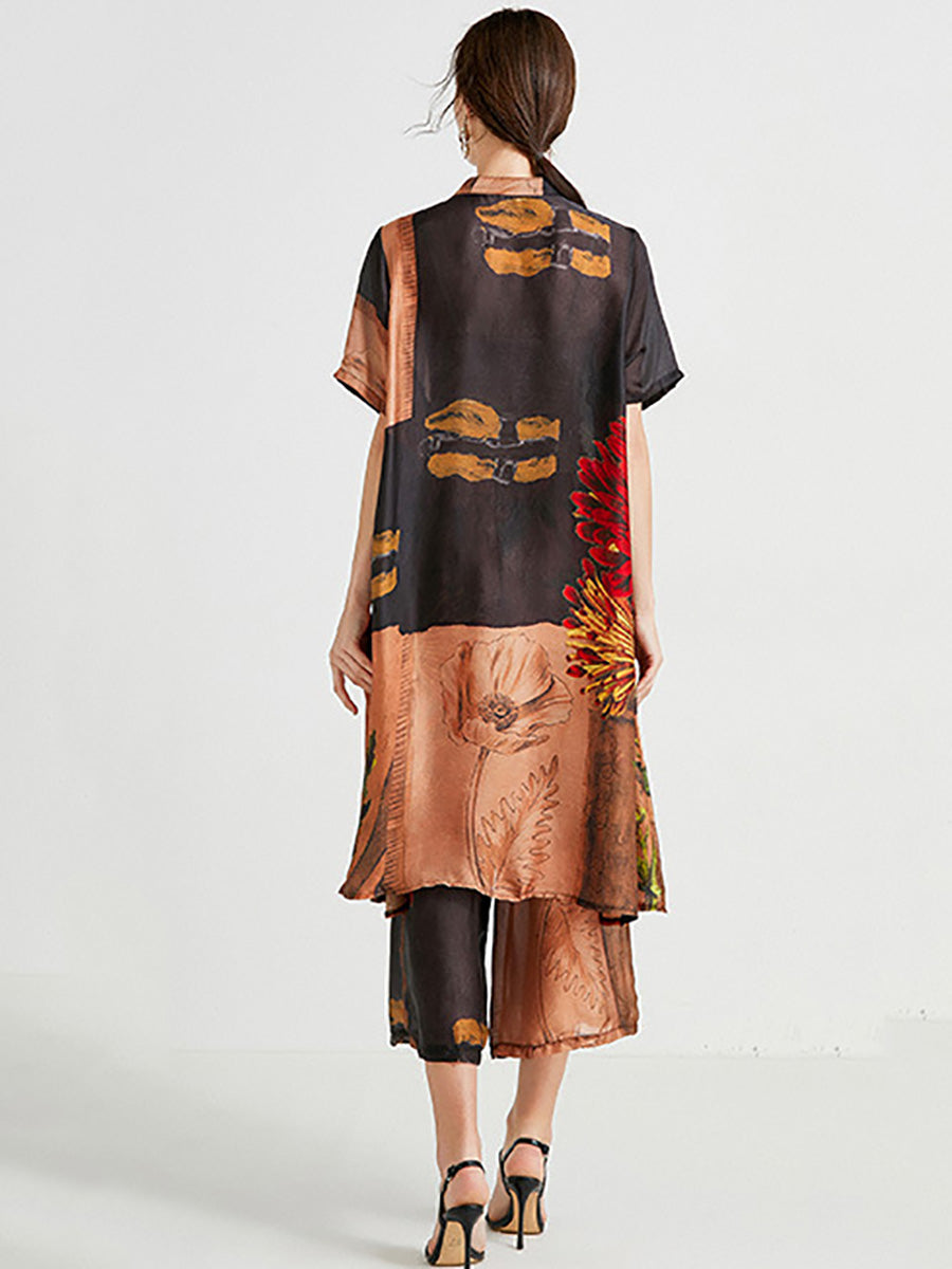 Übergröße Damen Artsy Flower Spliced ​​Langes Hemd + Hose