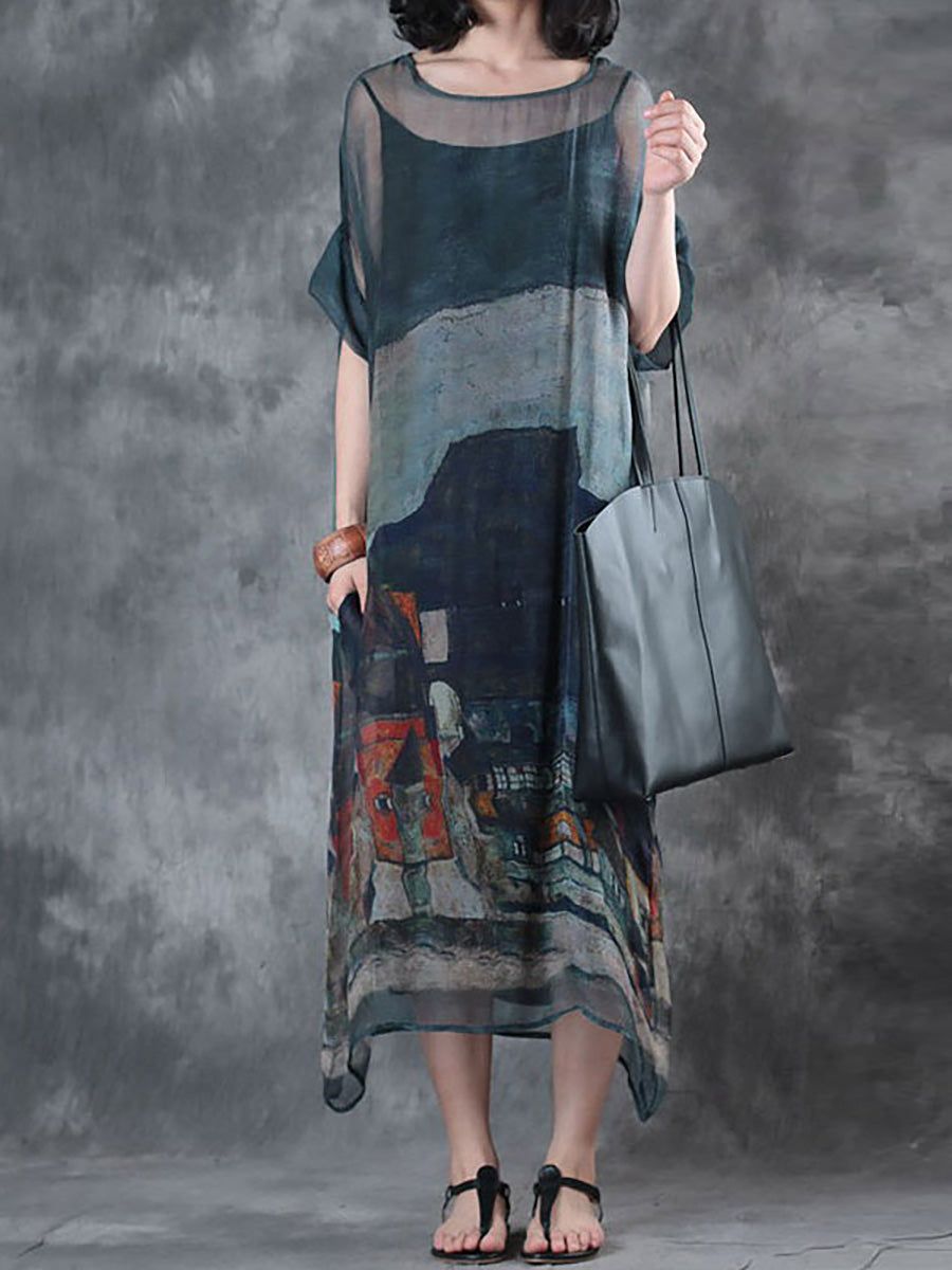 Übergröße - Sommerkleid mit kurzen Ärmeln und lockerem Aufdruck (zweiteilig)